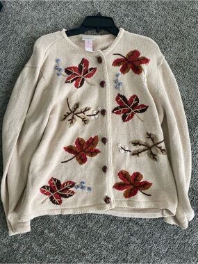 Beige Button-Up Sweater Cardigan with Red Leaf Embroidery